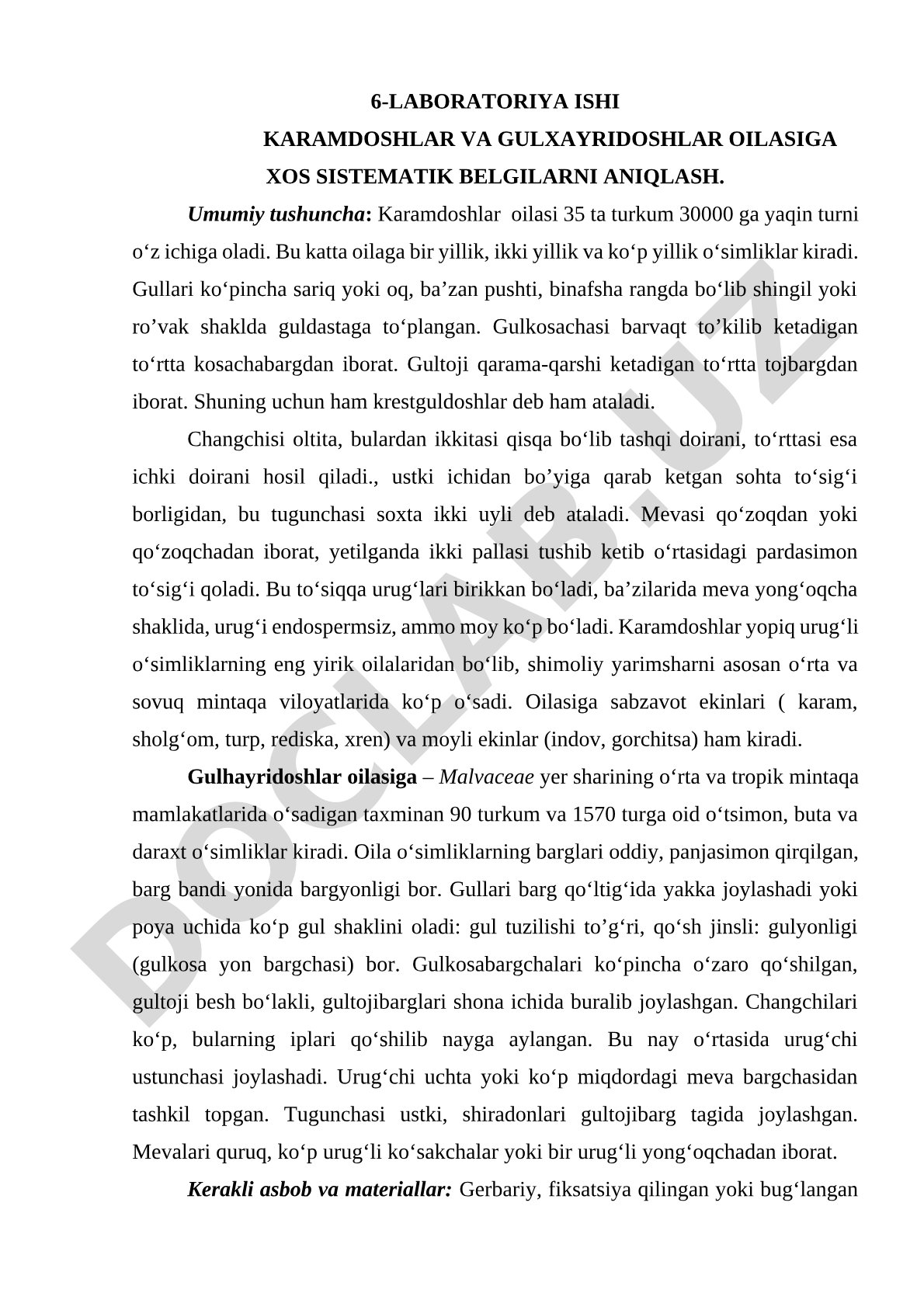 Karamdoshlar va gulxayridoshlar oilasiga xos sistematik belgilarni aniqlash