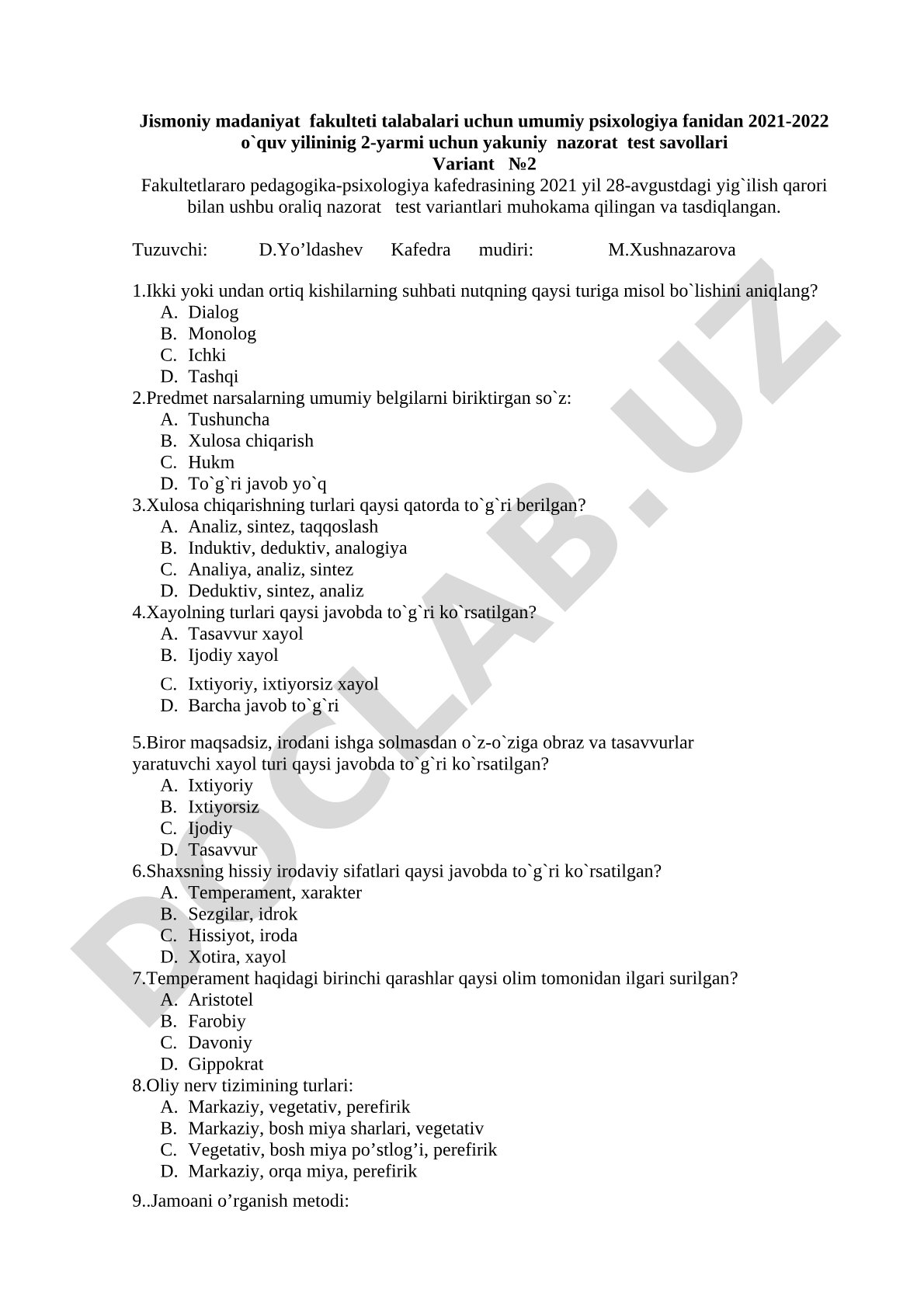Umumiy psixologiya fanidan yakuniy nazorat test savollari (2-variant)