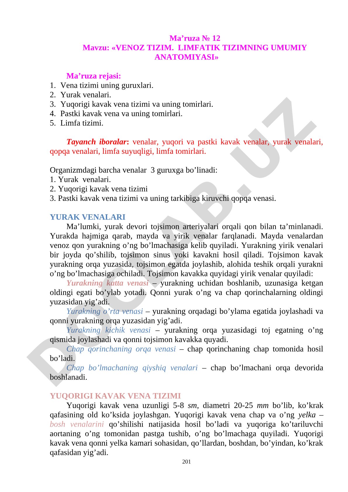 Venoz tizim. Limfatik tizimning umumiy anatomiyasi