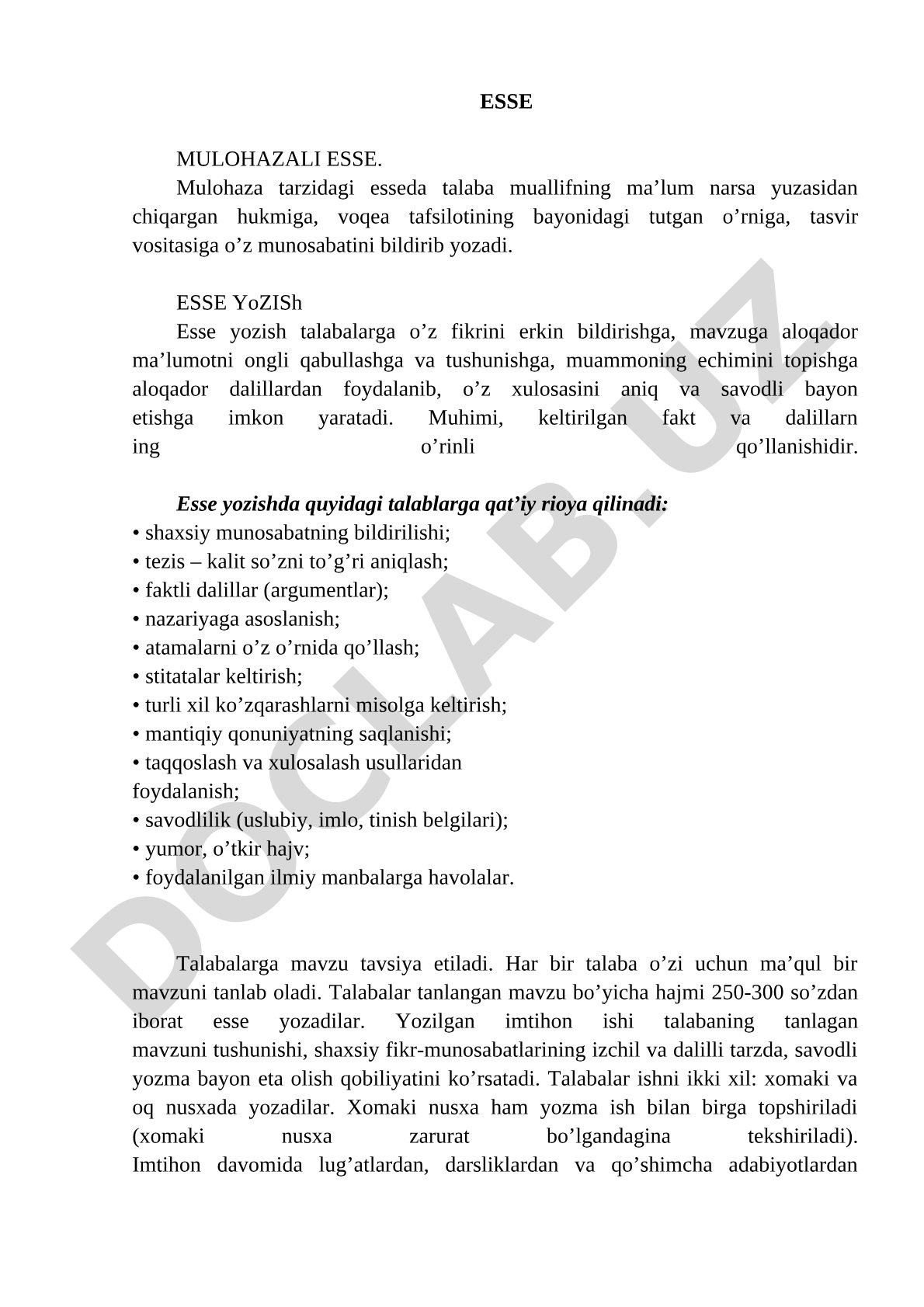 Mulohazali esse yozish talablari va bosqichlari haqida