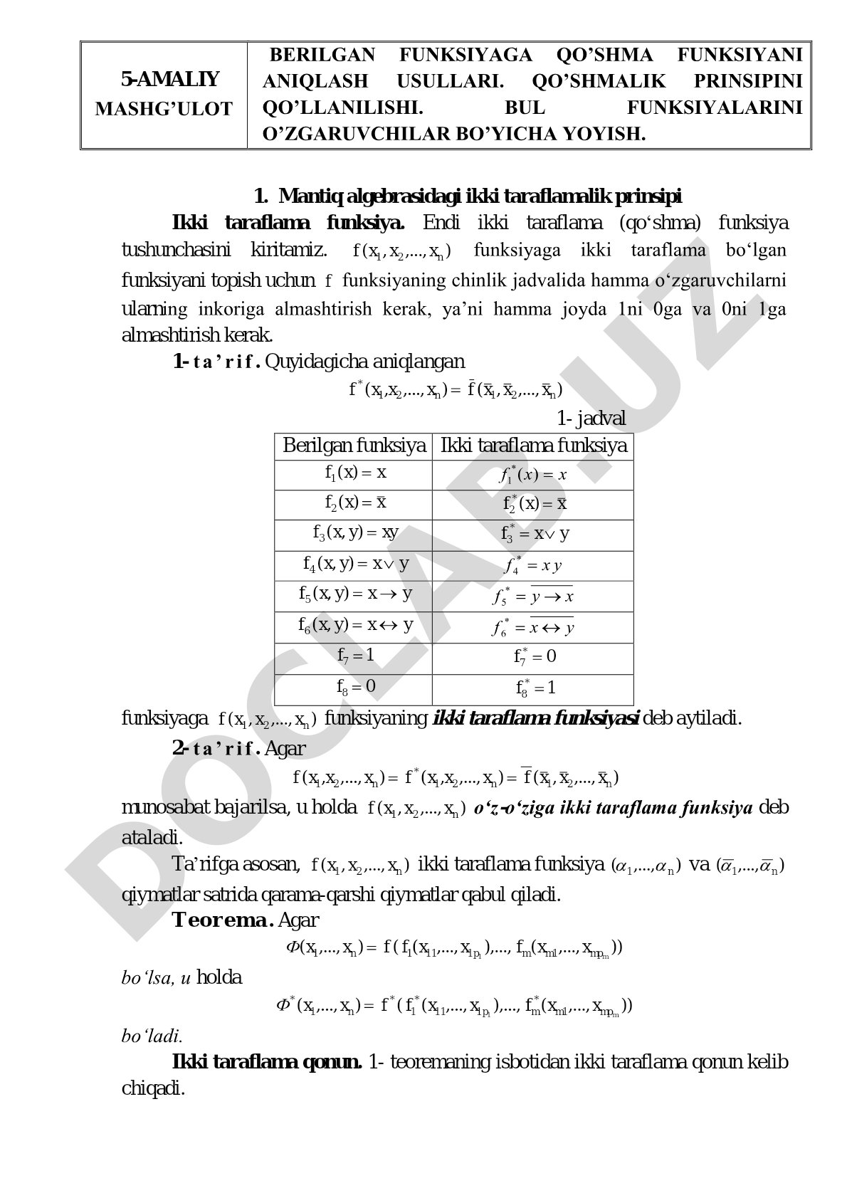 Berilgan funksiyaga qo'shma funksiyani aniqlash usullari. Qo'shmali prinsipini qo'llanilishi. Bul funksiyalarini o'zgaruvchilar bo'yicha yoyish