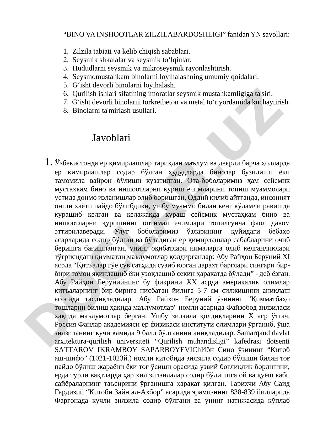 Bino va inshootlar zilzilabardoshligi fanidan YN savollari