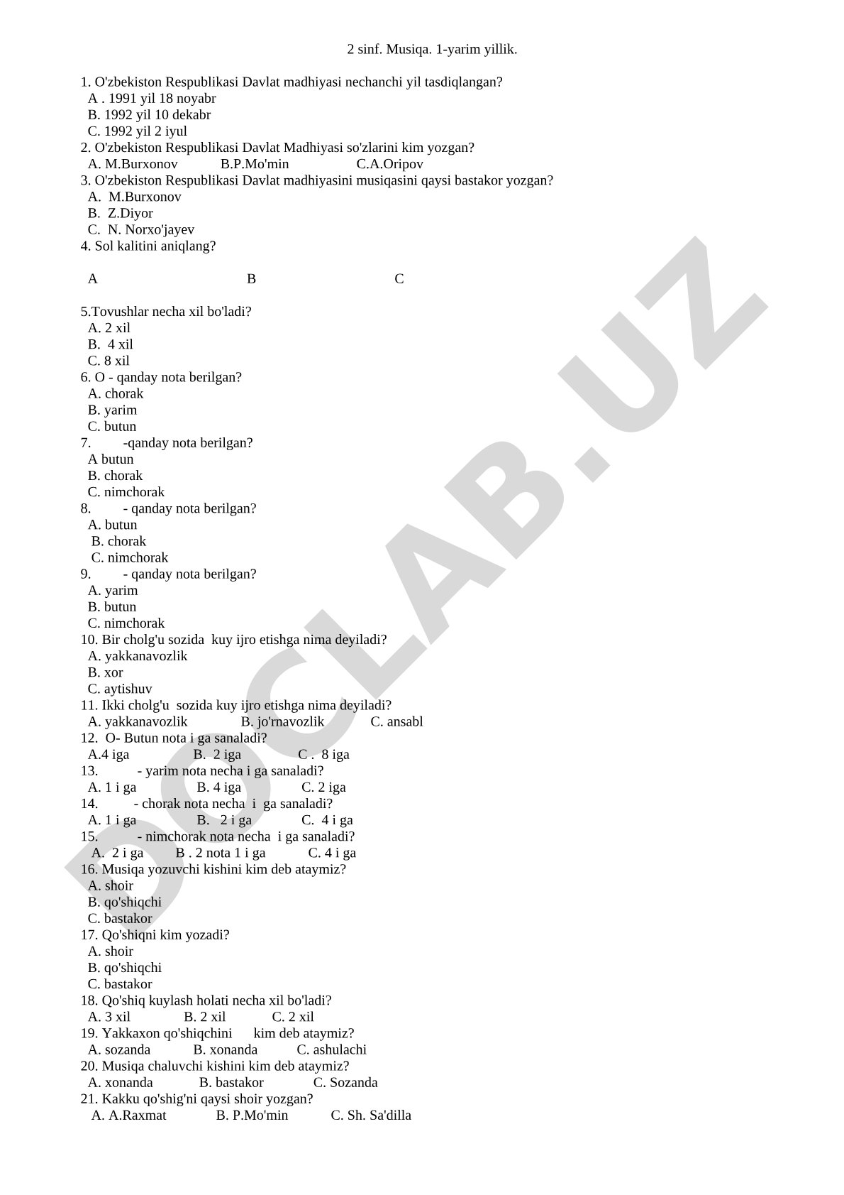 2-sinf musiqa fanidan 1-yarim yillik test savollari