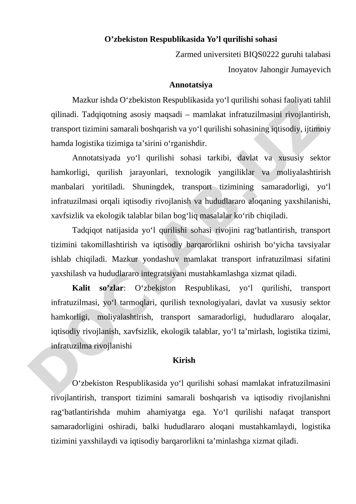 O‘zbekiston Respublikasida Yo‘l qurilishi sohasi
