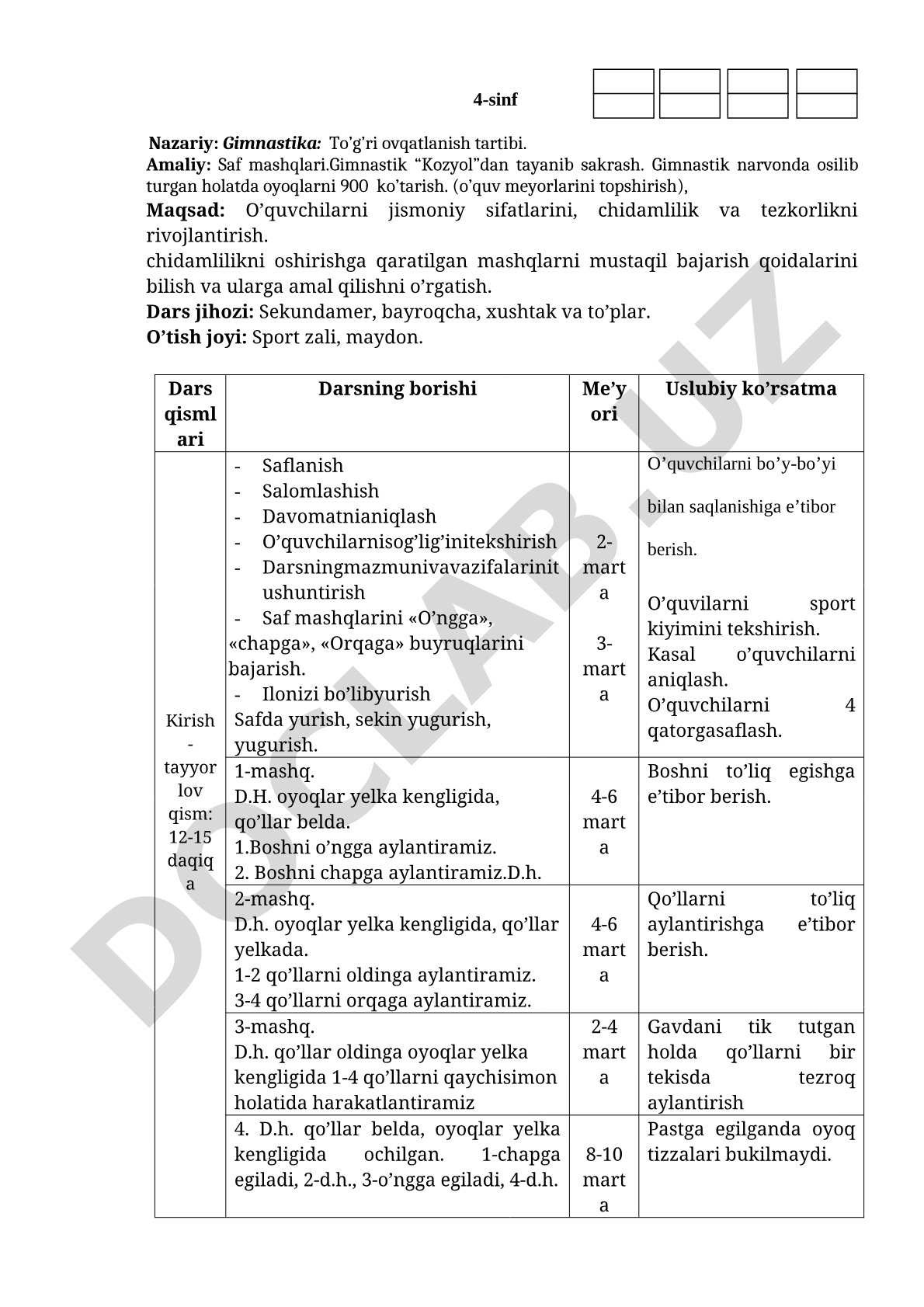 4-sinf gimnastika darsi: to'g'ri ovqatlanish tartibi va saf mashqlari