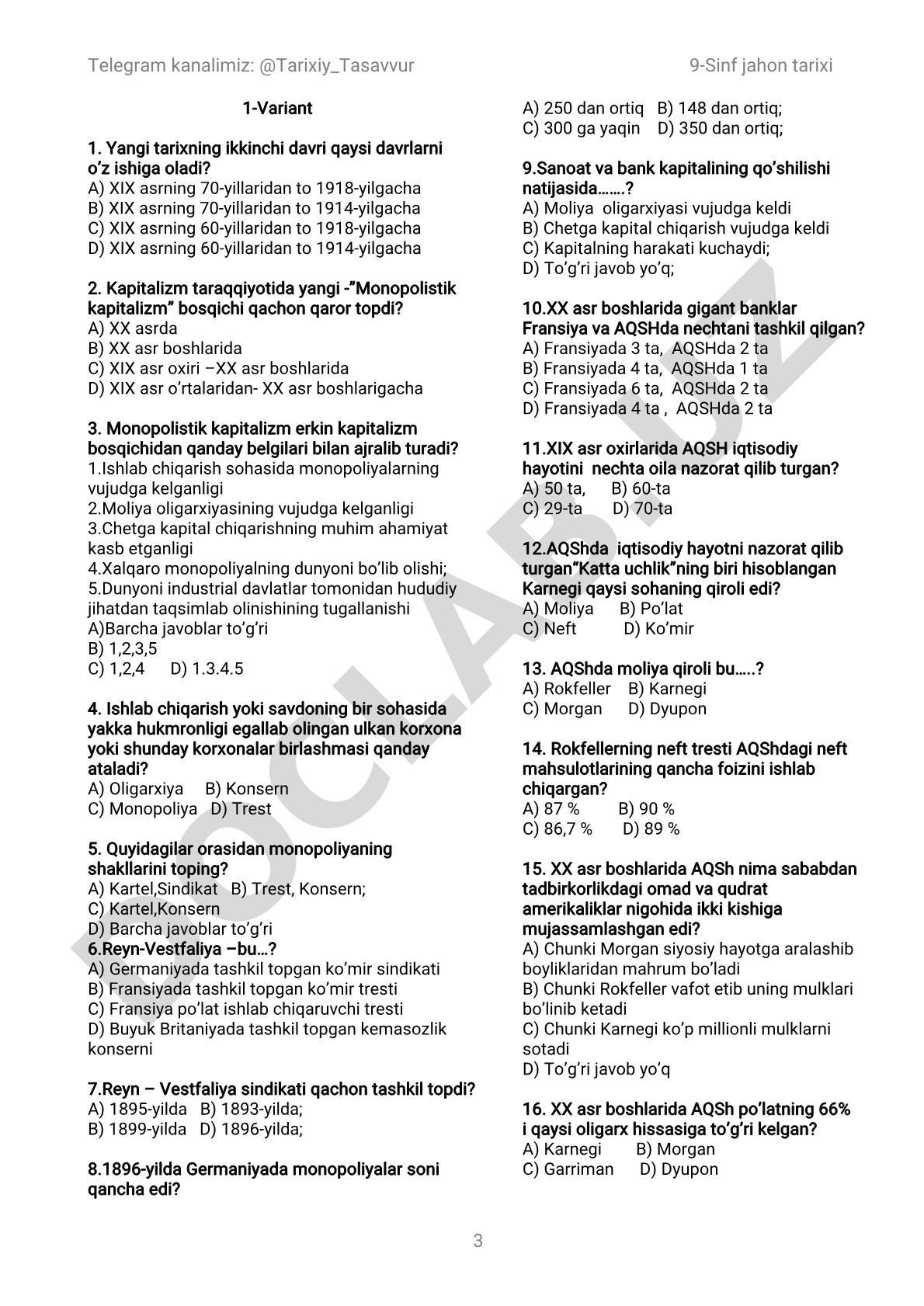 9-sinf jahontarihi fanidan yangi tarix va monopolistik kapitalizm testi