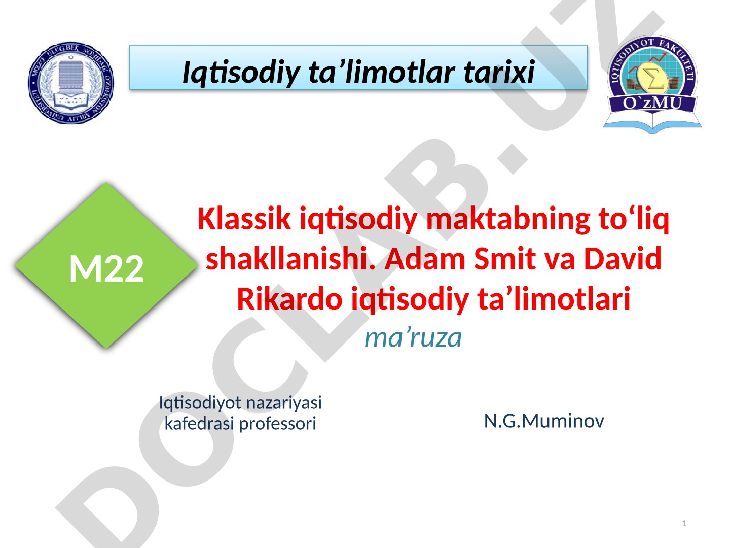 Klassik iqtisodiy maktabning to‘liq shakllanishi. Adam Smit va David Rikardo iqtisodiy ta’limotlari