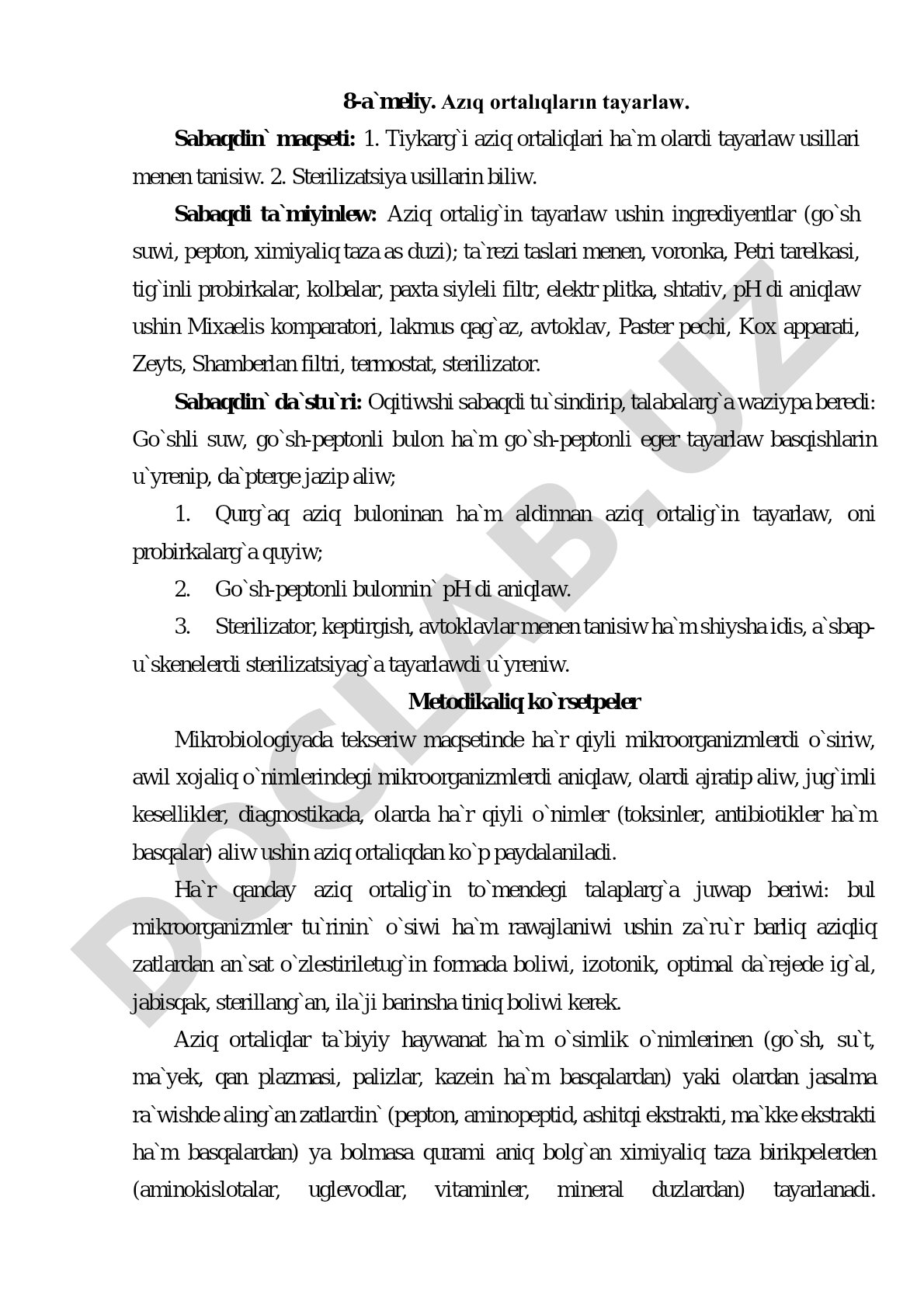 Azıq ortalıqların tayarlaw