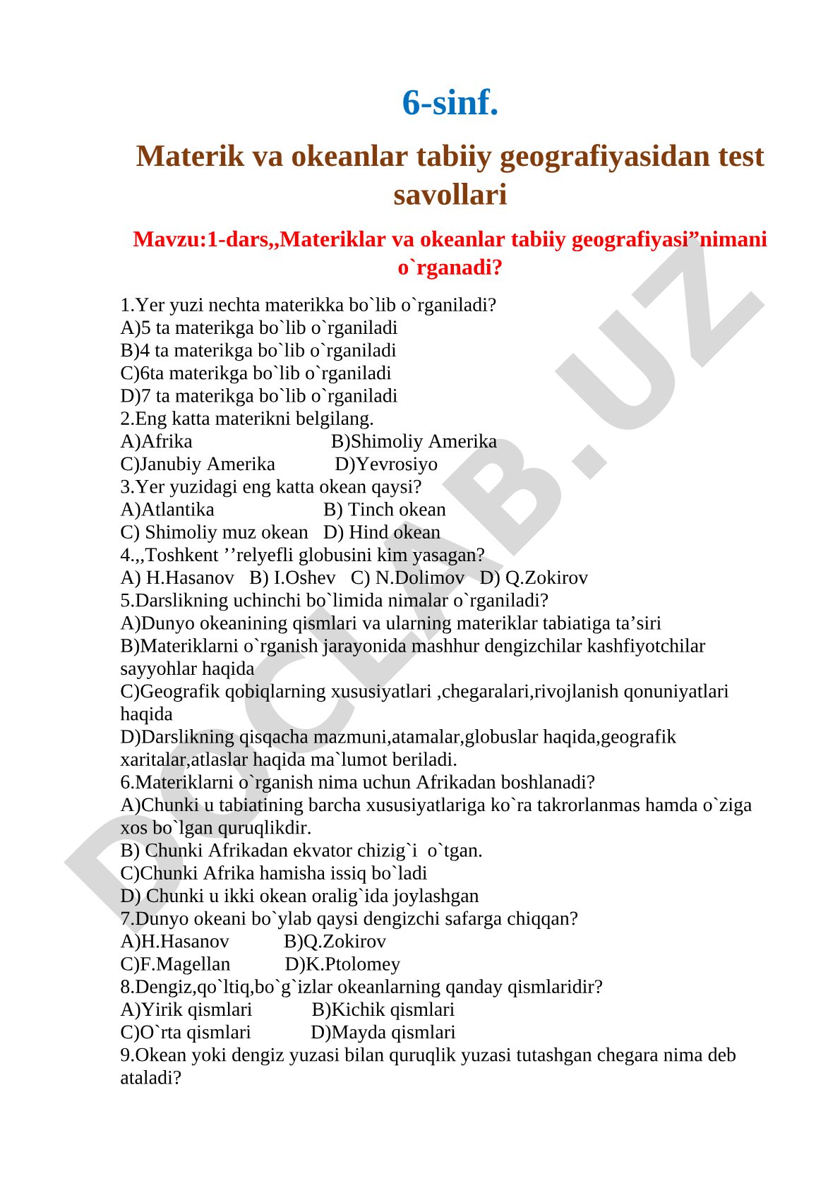 Materiklar va okeanlar tabiiy geografiyasi