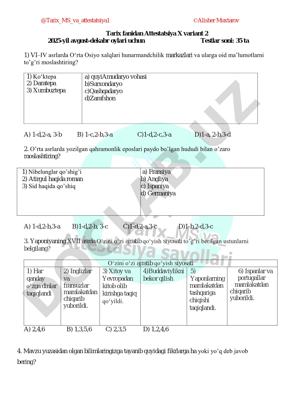 Tarix fanidan attestatsiya testi (X variant)