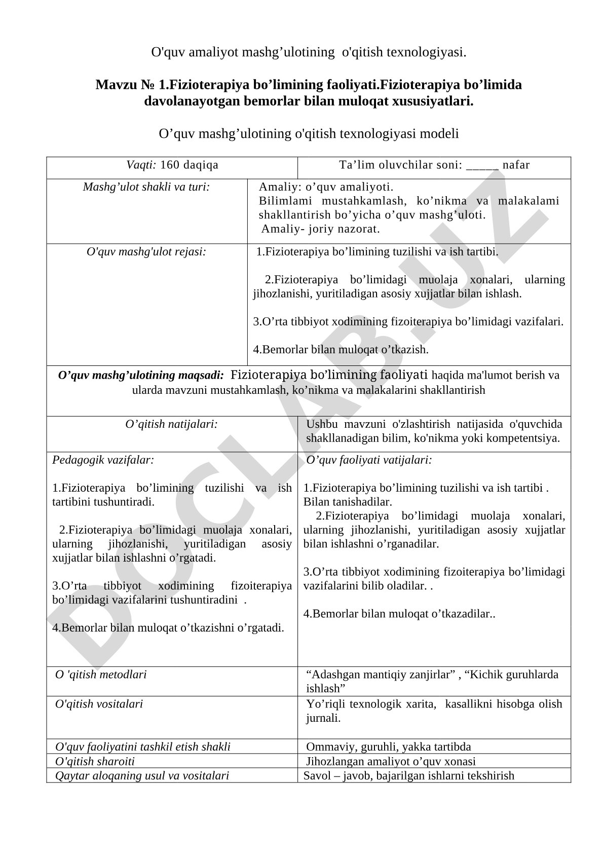 Fizioterapiya bo'limining faoliyati