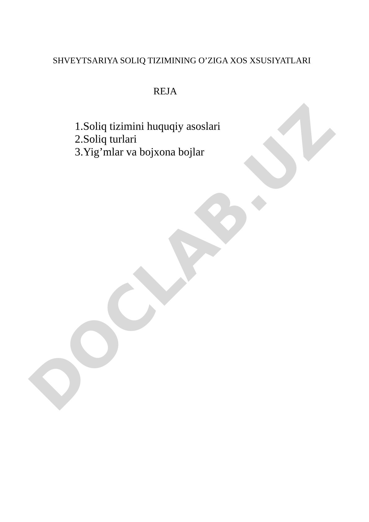 Shveytsariya soliq tizimining o’ziga xos xsusiyatlari