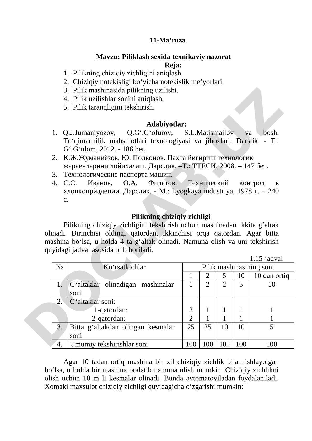Piliklash sexida texnikaviy nazorat