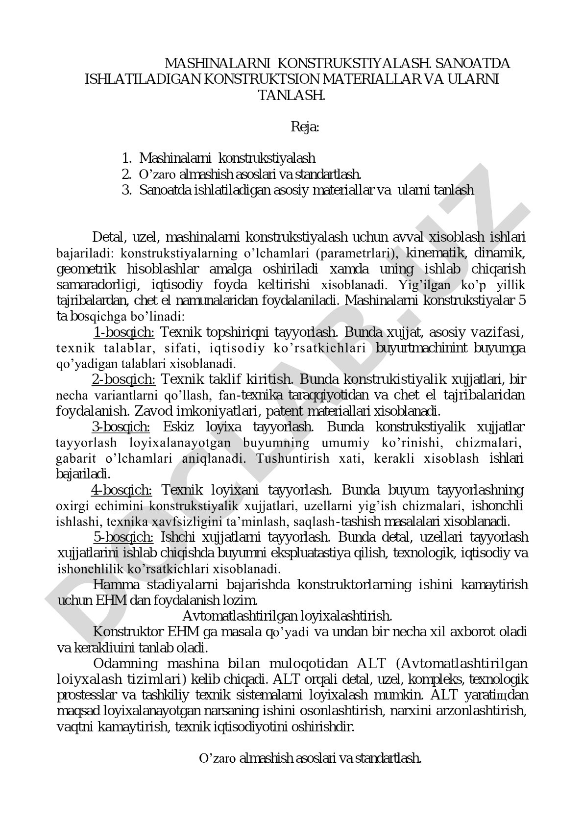 Mashinalarni konstruksiyalash. Sanoatda ishlatiladigan konstruksion materiallar va ularni tanlash