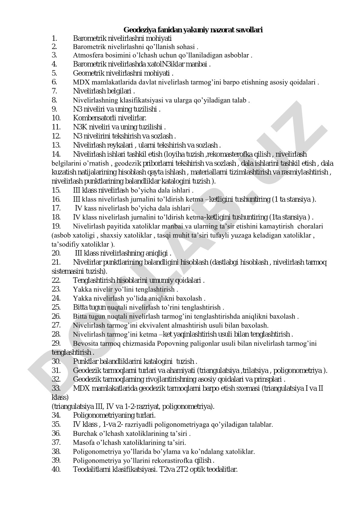 Geodeziya fanidan yakuniy nazorat savollari