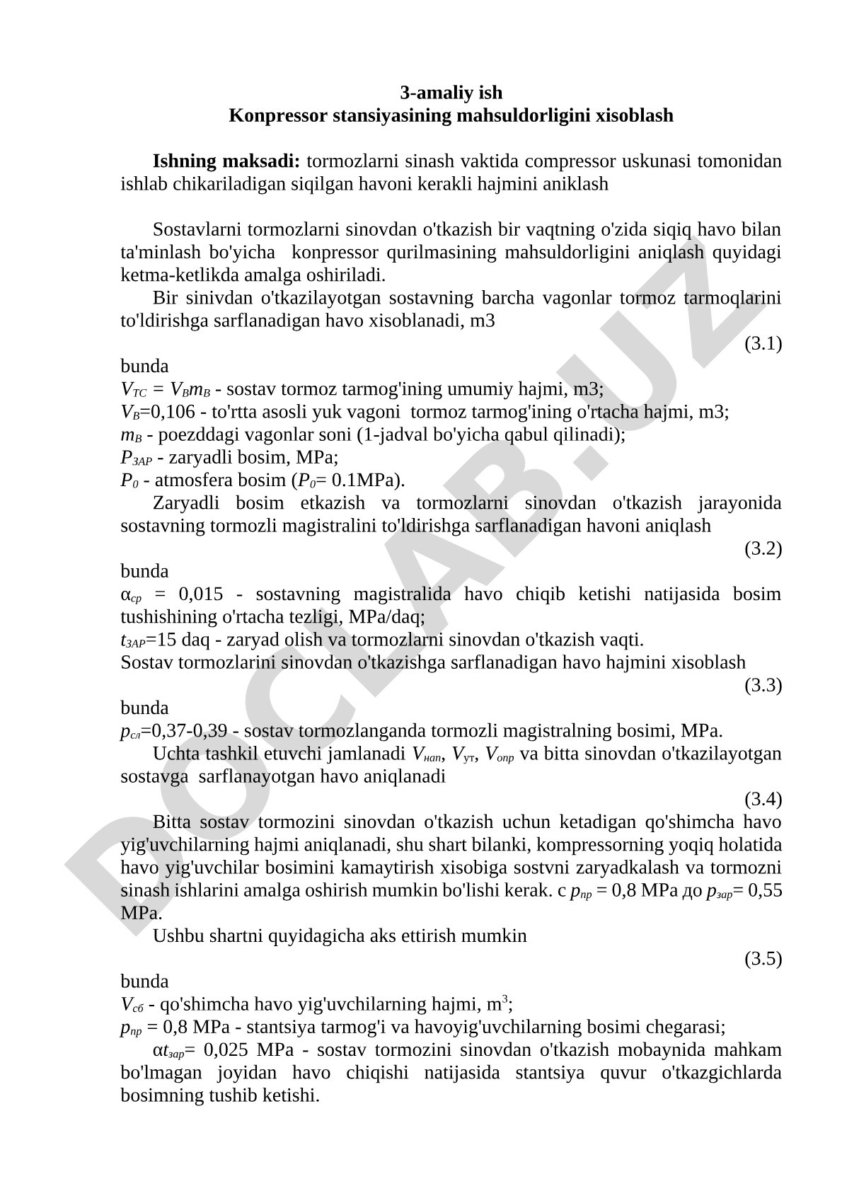 3-amaliy ish Konpressor stansiyasining mahsuldorligini xisoblash