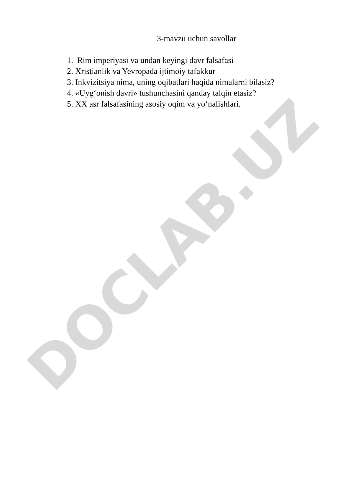 Rim imperiyasi falsafasidan XX asr falsafasigacha bo‘lgan savollar to‘plami