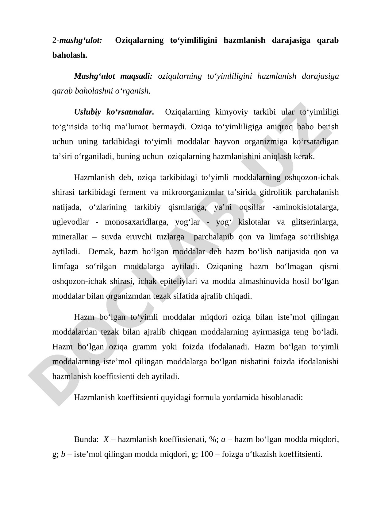 Oziqalarning to‘yimliligini hazmlanish darajasiga qarab baholash