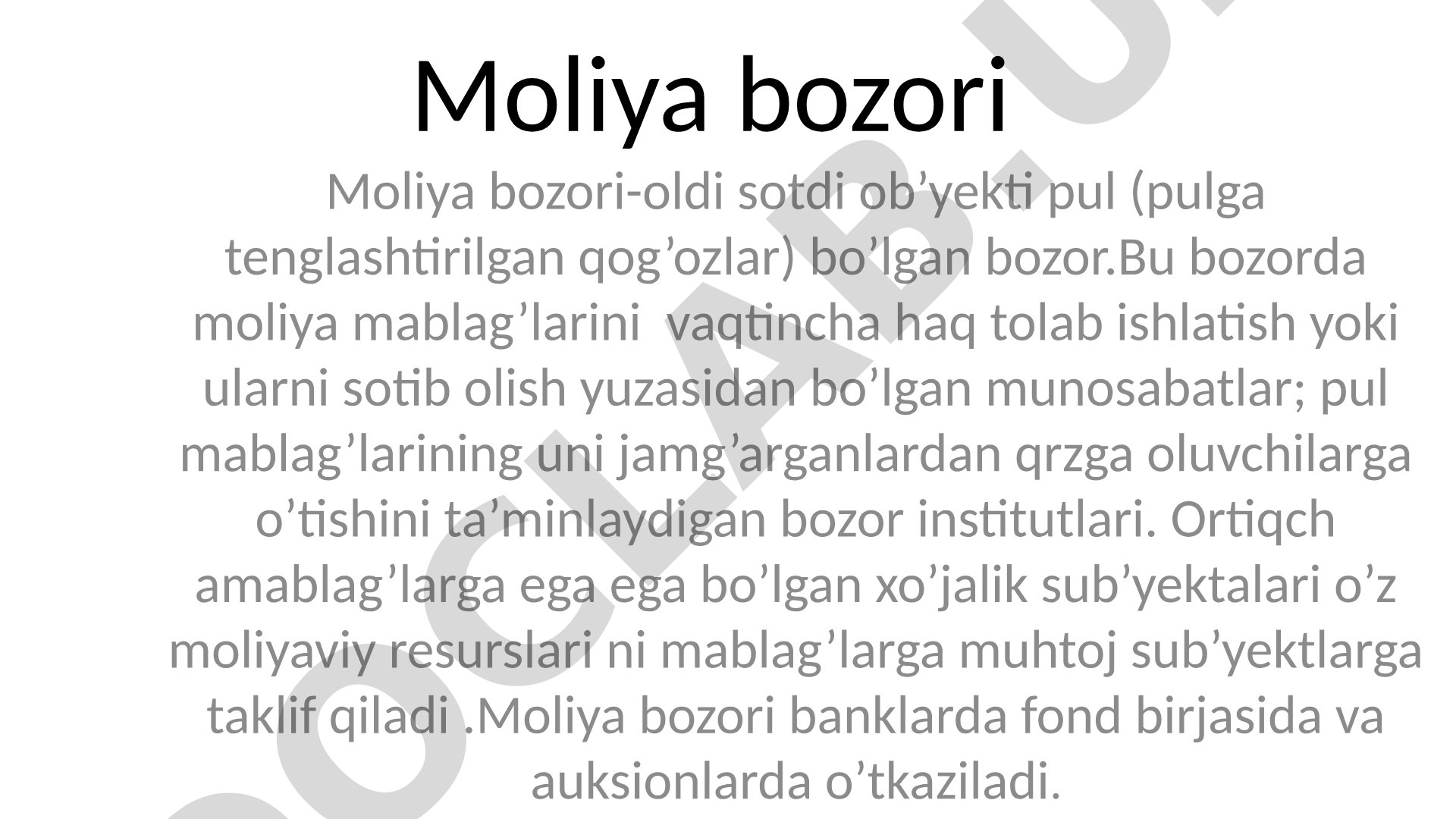 Moliya bozori tushunchasi va tarkibi
