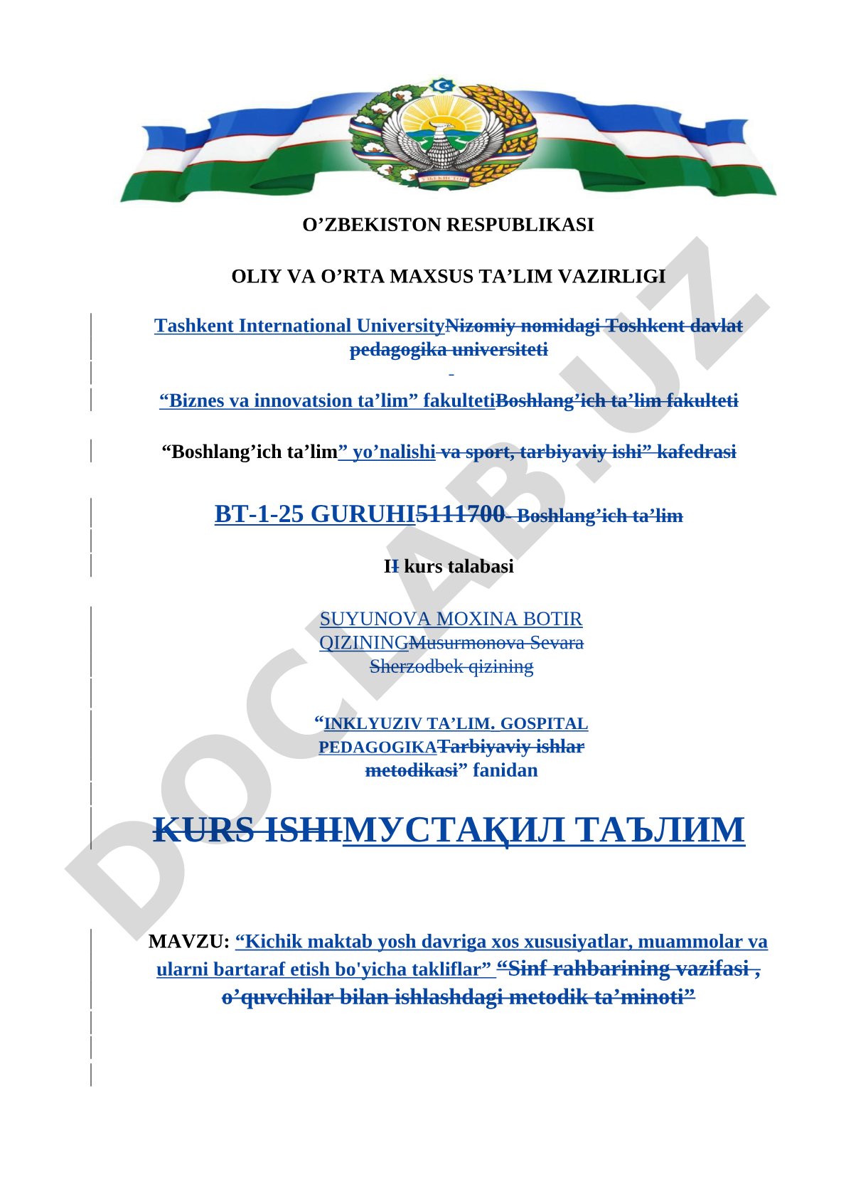 Kichik maktab yosh davriga xos xususiyatlar, muammolar va ularni bartaraf etish bo'yicha takliflar