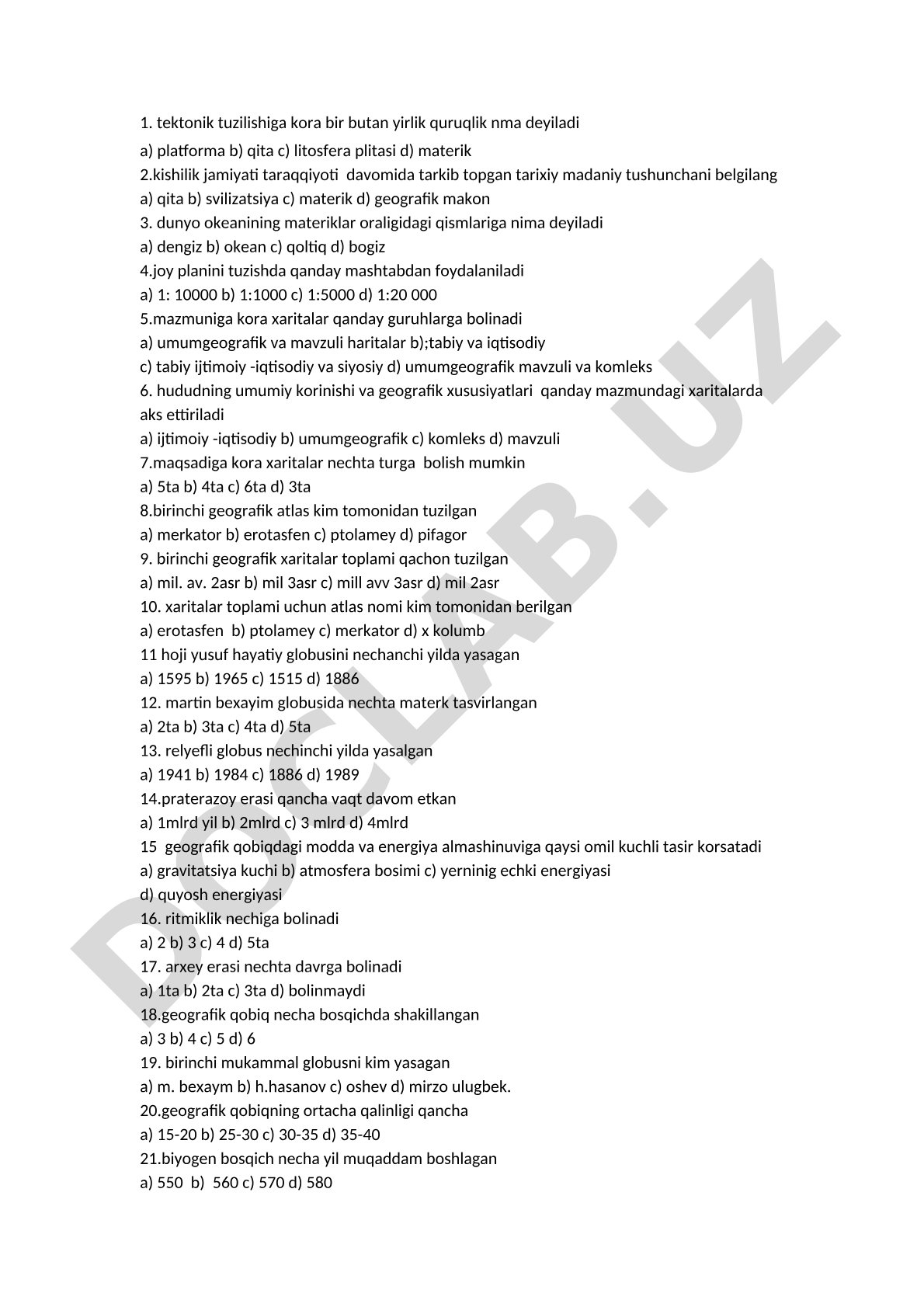 Geografiyadan test savollari