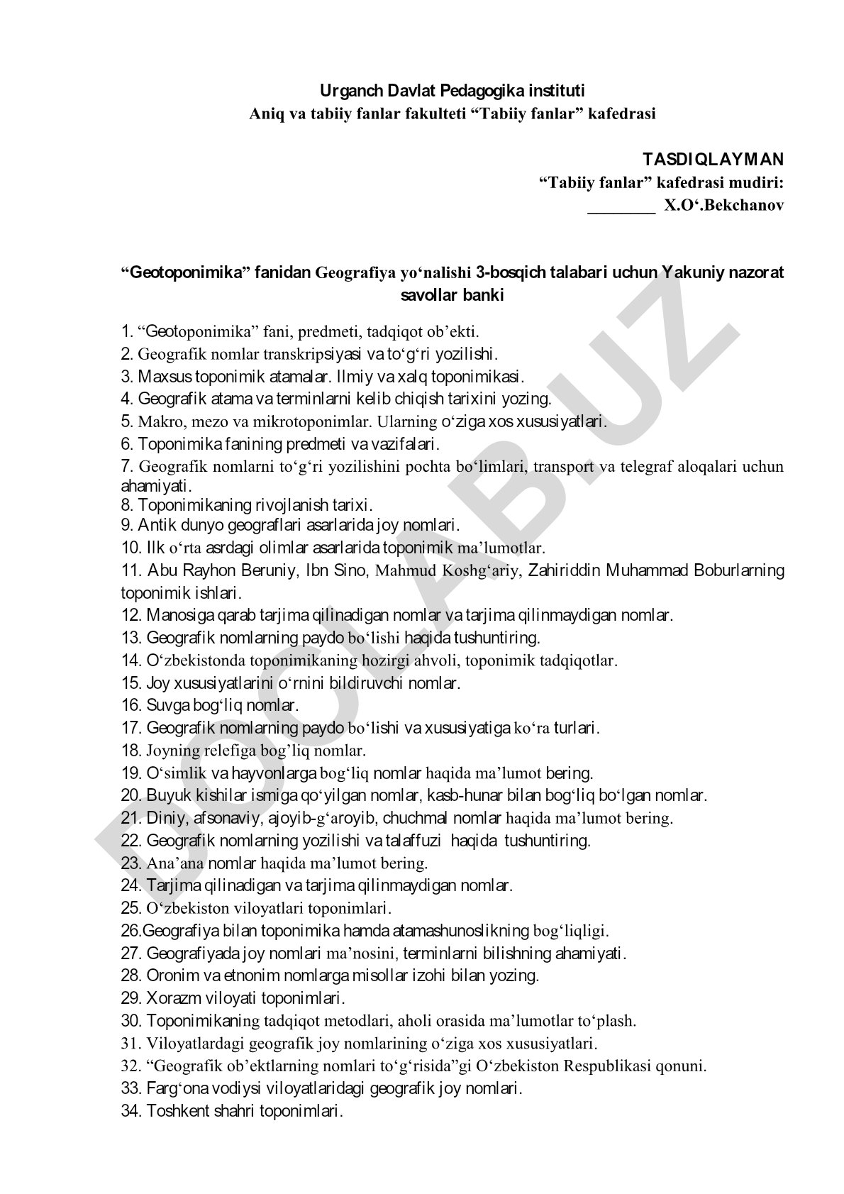 Geotoponimika fanidan yakuniy nazorat savollar banki
