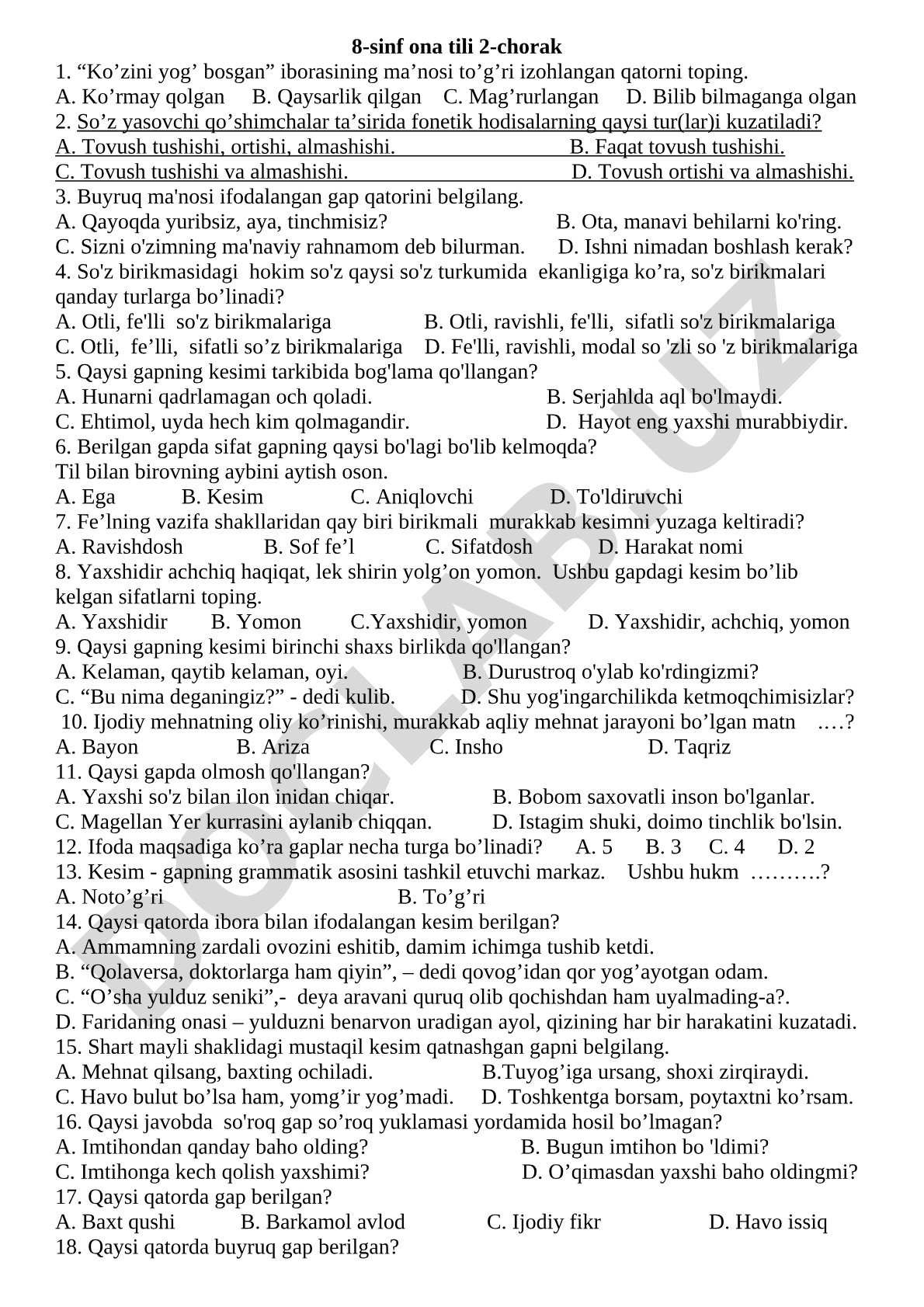 8-sinf ona tili 2-chorak test savollari