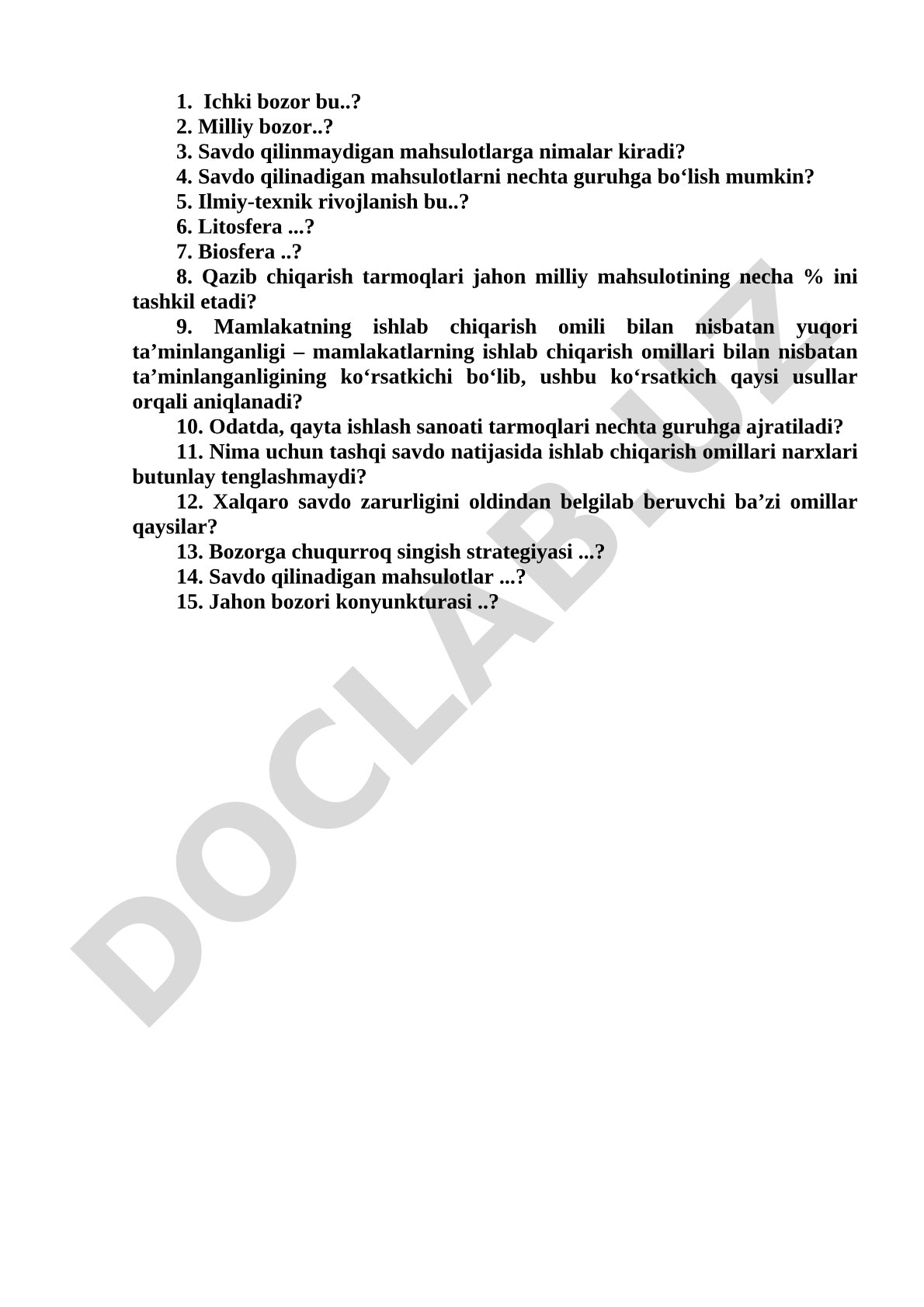 Iqtisodiyot bo'yicha savollar: bozor va savdo mahsulotlari