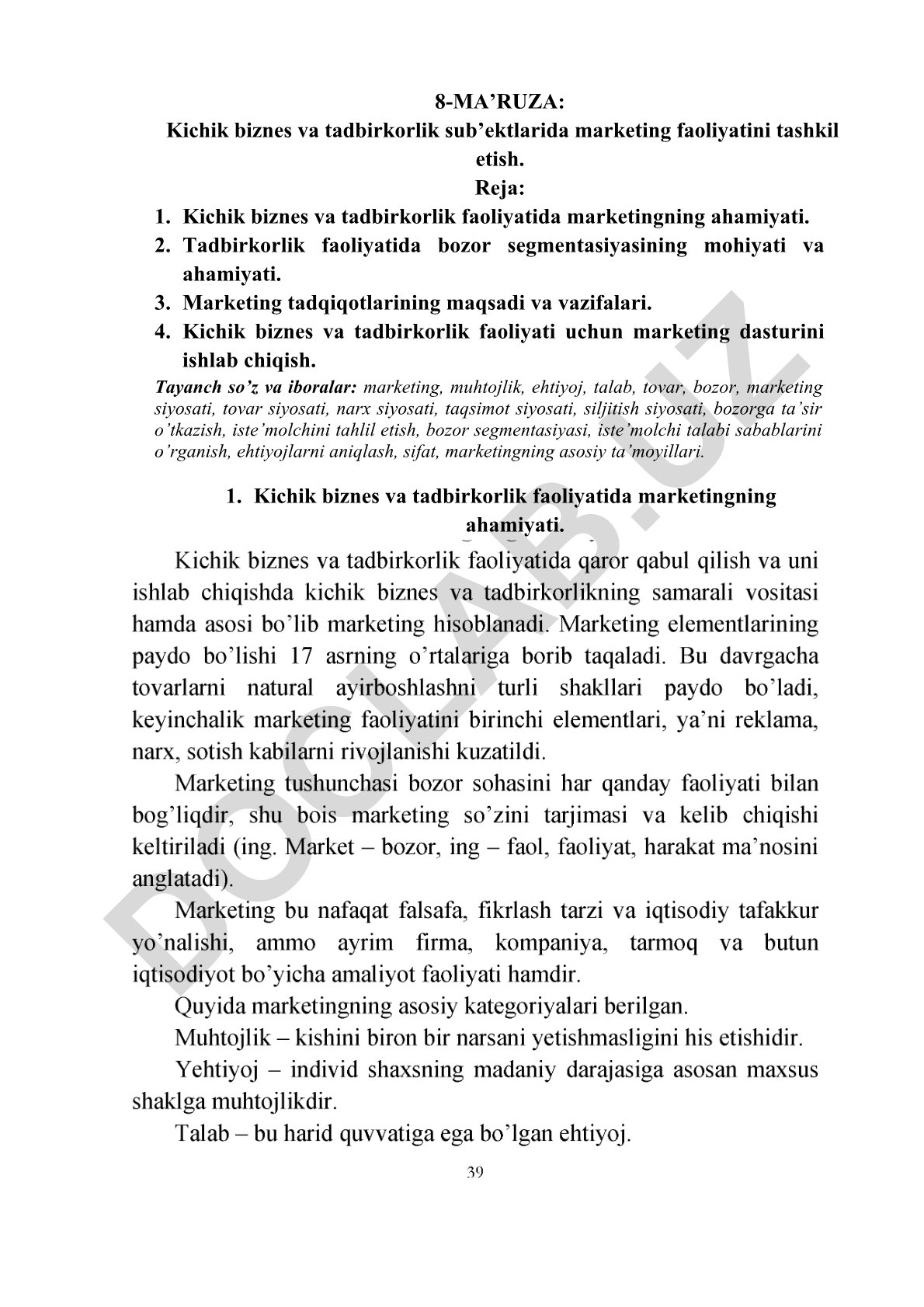Kichik biznes va tadbirkorlik sub’ektlarida marketing faoliyatini tashkil etish