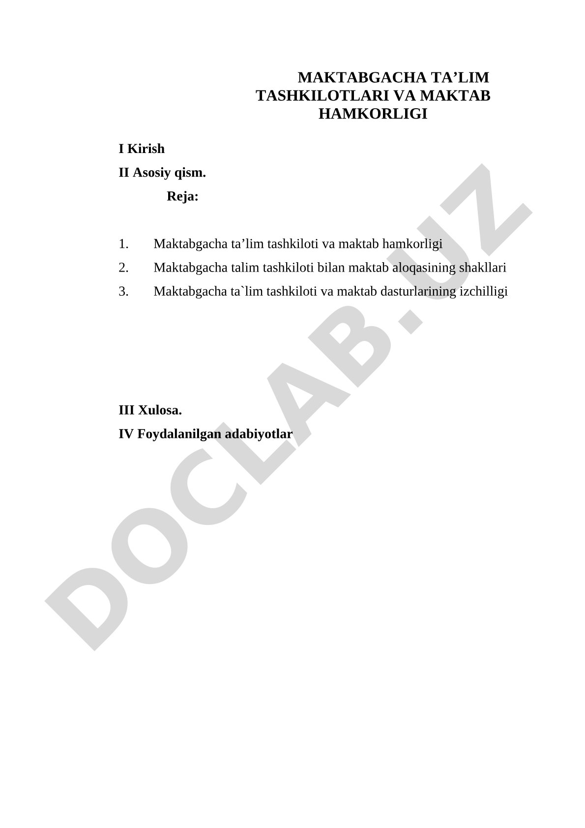 Maktabgacha ta’lim tashkilotlari va maktab hamkorligi