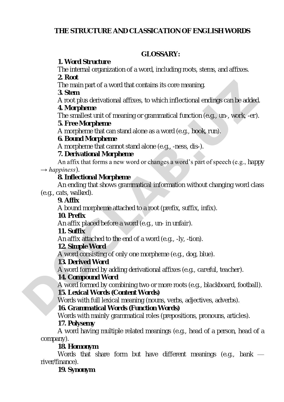 The structure and classication of English words