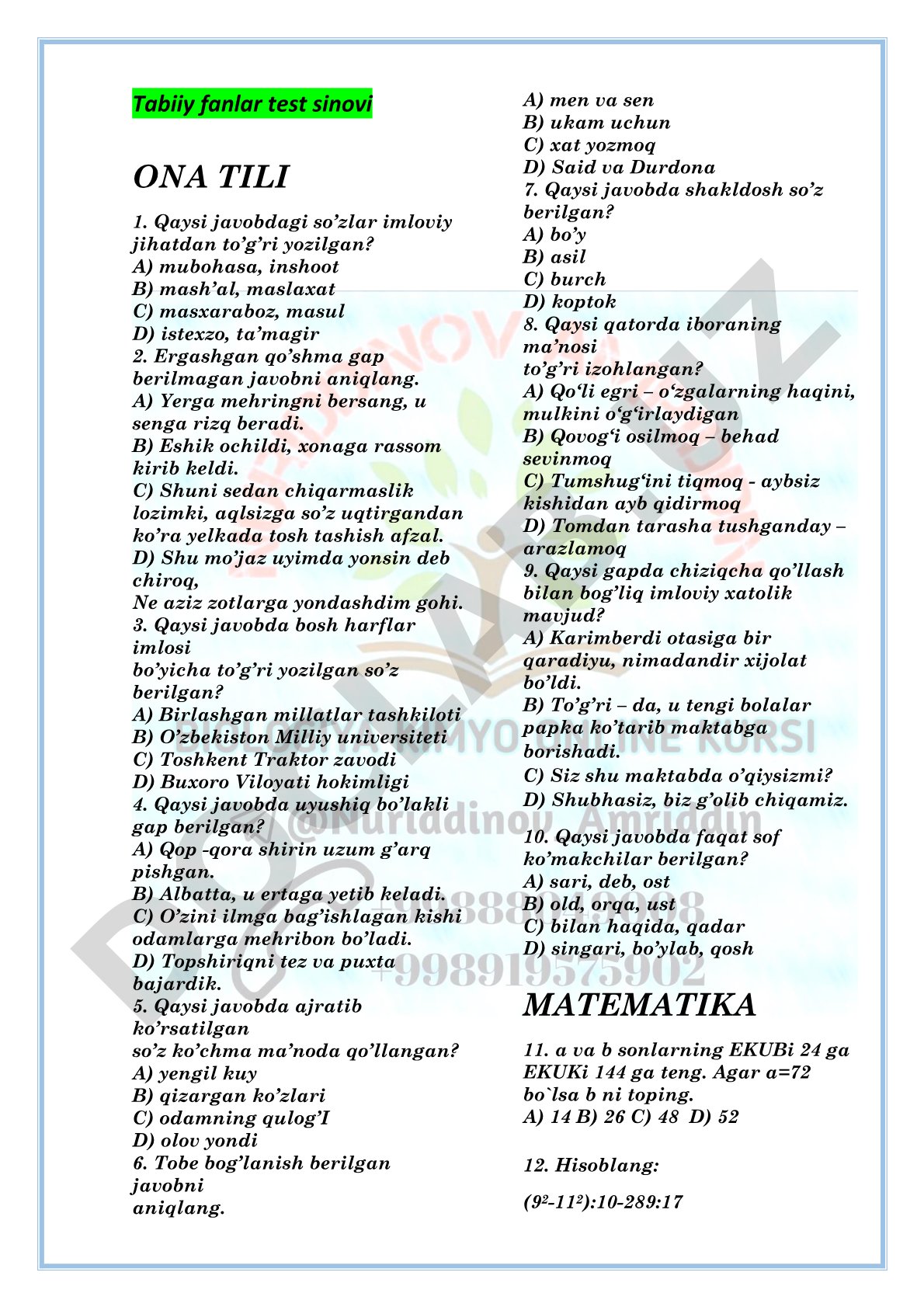 Ona tili test sinovi