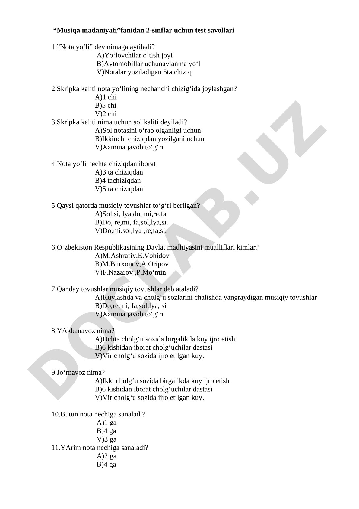 Musiqa madaniyati 2-sinf test savollari