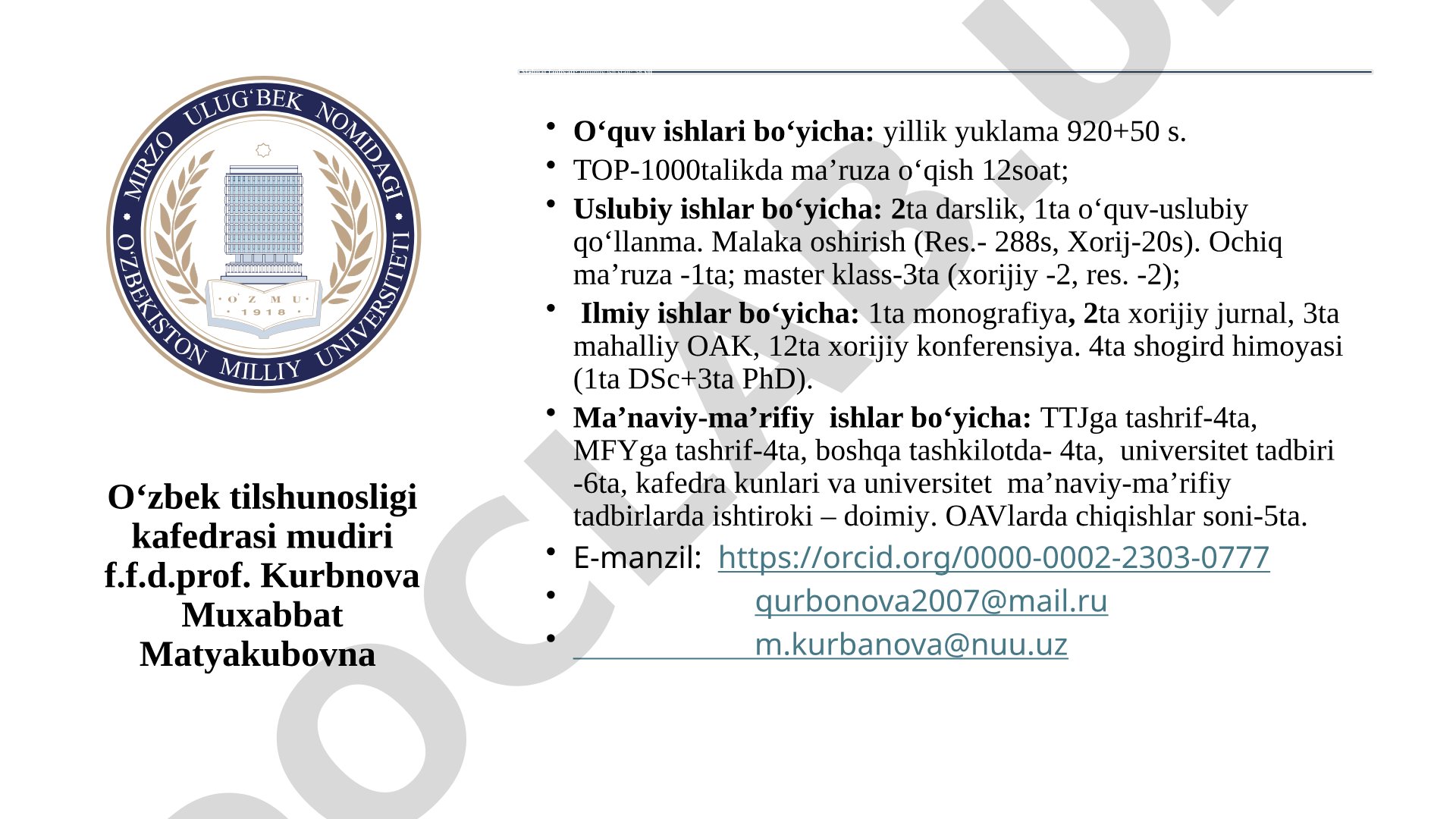 O'zbek tilshunosligi kafedrasi professor-o'qituvchilarining mehnat faoliyati