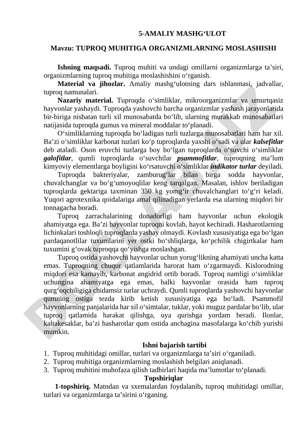 Tuproq muhitiga organizmlarning moslashishi