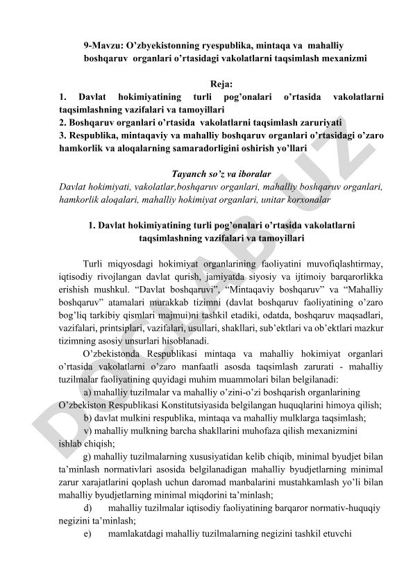 O’zbekistonning respublika, mintaqa va mahalliy boshqaruv organlari o’rtasidagi vakolatlarni taqsimlash mexanizmi