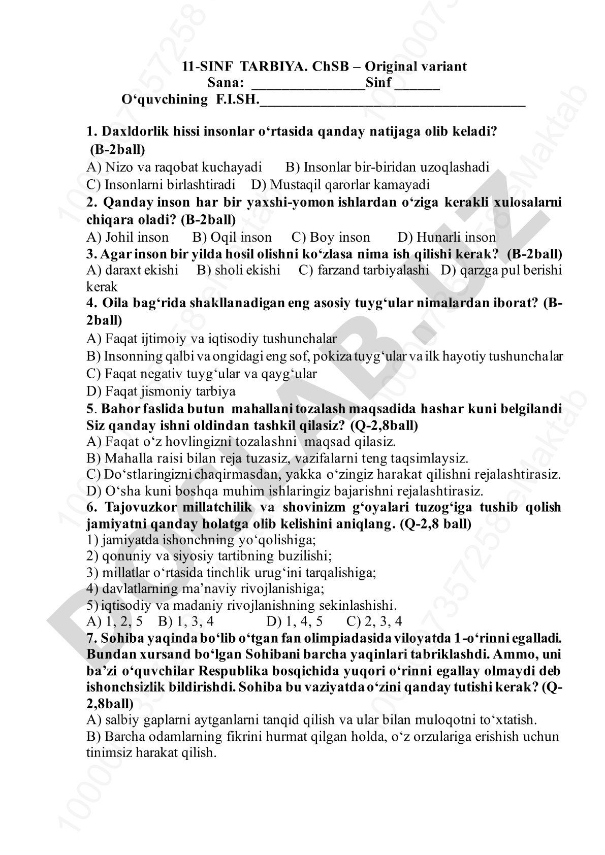 11-sinf Tarbiya fanidan test