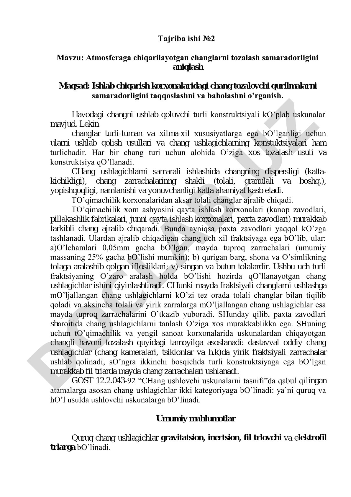 Atmosferaga chiqarilayotgan changlarni tozalash samaradorligini aniqlash