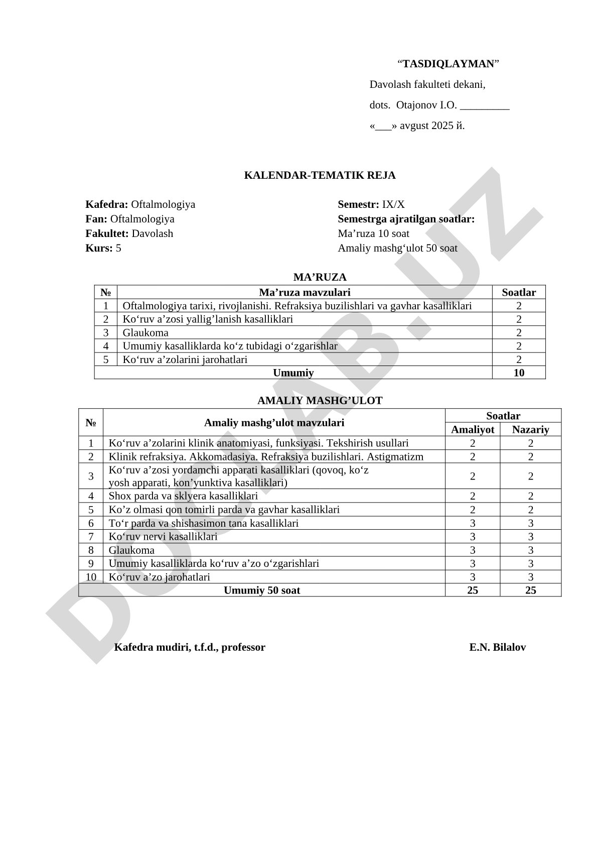 Oftalmologiya fanidan kalendar-tematik reja