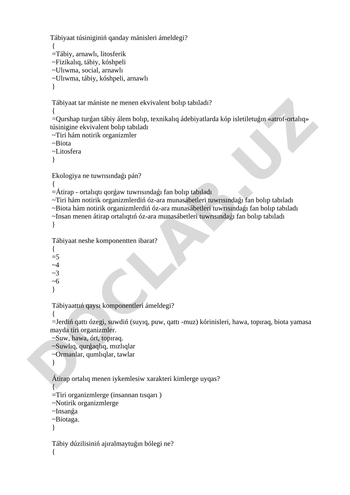 Ekologiya hám tábiyaat komponentleri boyınsha test sorawları