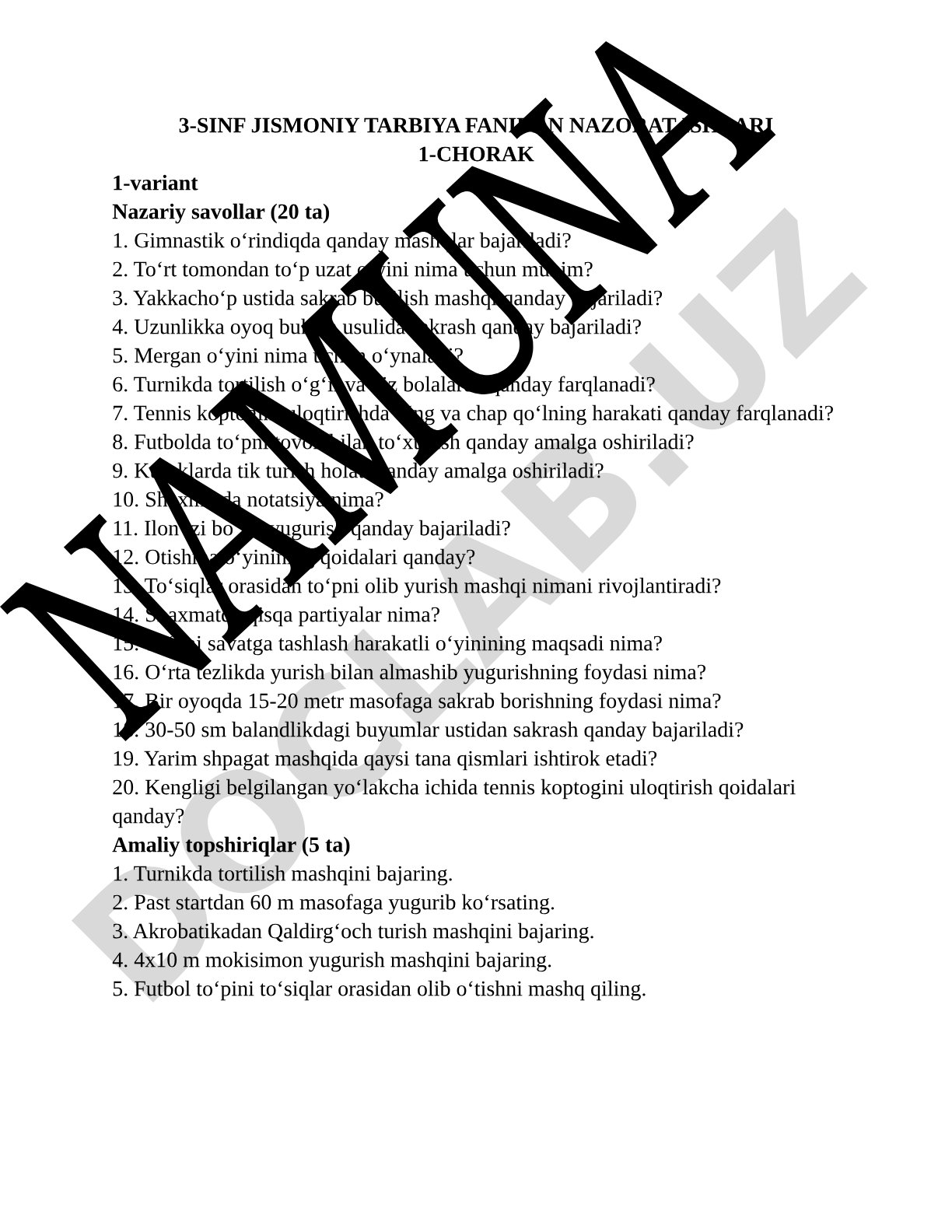 3-sinf jismoniy tarbiya fanidan nazorat ishlari 1-chorak 1-variant