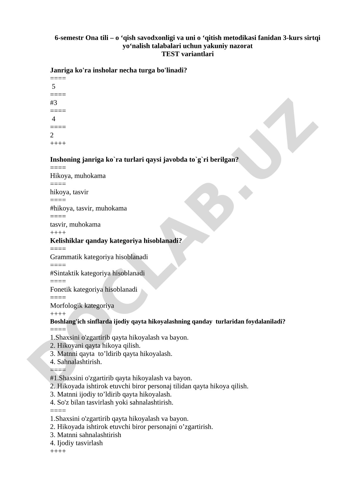 Ona tili o'qish savodxonligi va uni o'qitish metodikasi fanidan test variantlari