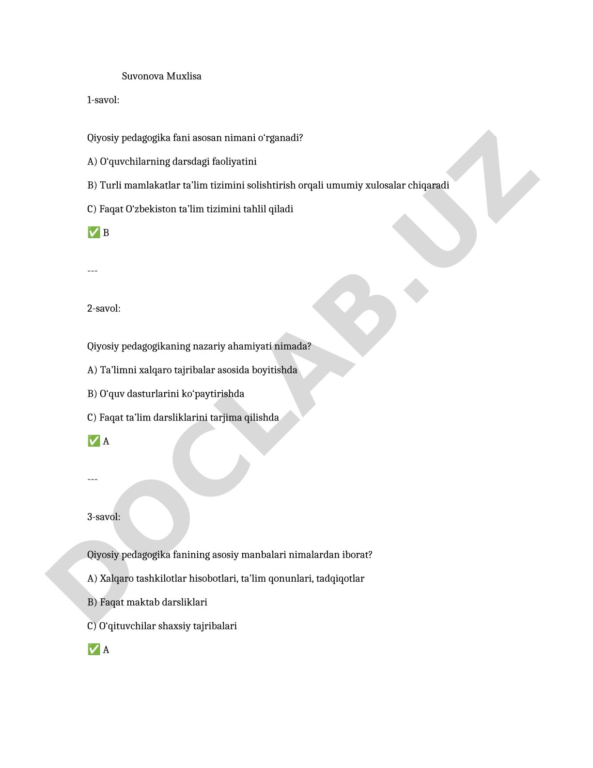 Qiyosiy pedagogika fanidan test savollari