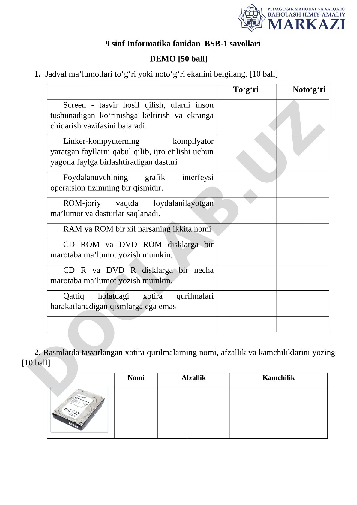 9 sinf Informatika fanidan BSB-1 savollari