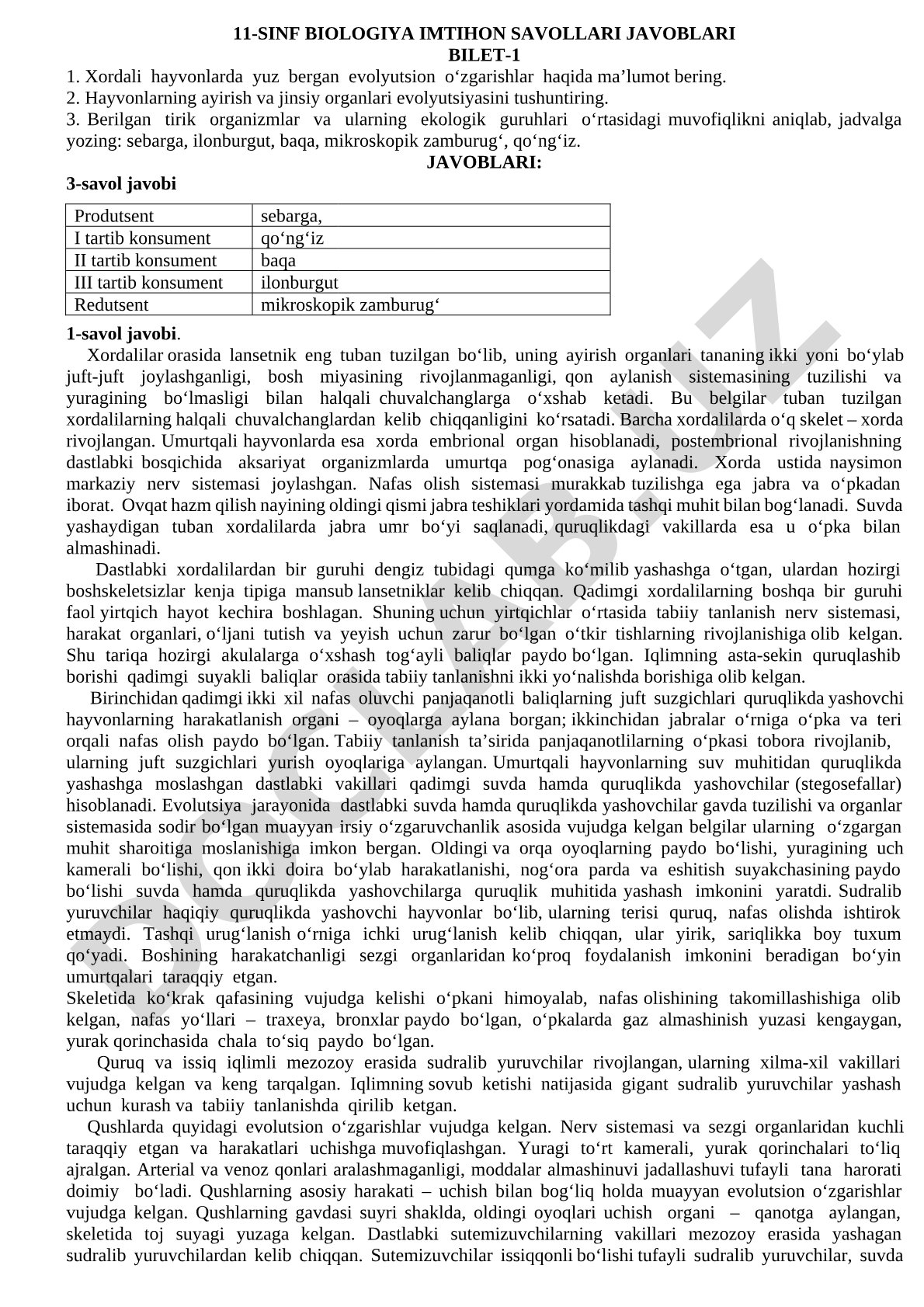 11-sinf biologiya imtihon savollari javoblari (bilet-1)