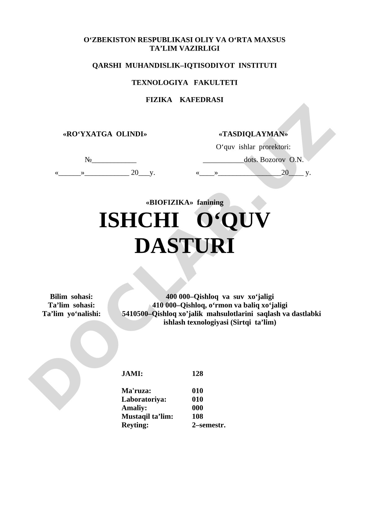 Biofizika fanining ishchi o'quv dasturi