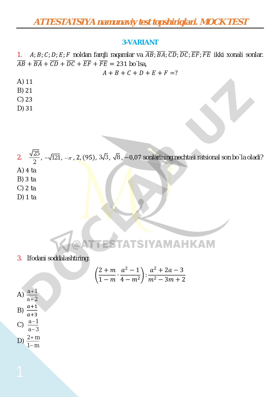 Attestatsiya matematika namunaviy test topshiriqlari
