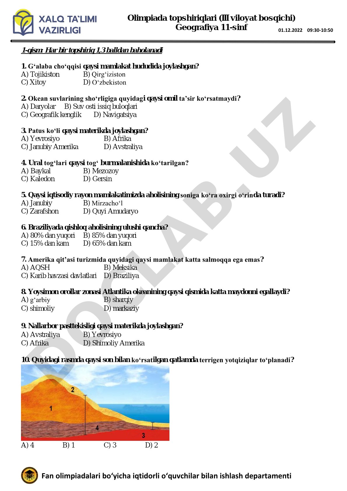 Olimpiada topshiriqlari (III viloyat bosqichi) Geografiya 11-sinf