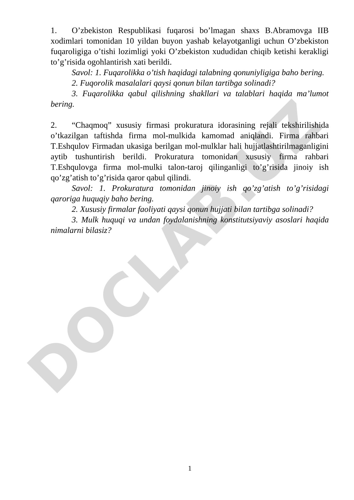Fuqarolik va mulk huquqi bo'yicha amaliy topshiriqlar