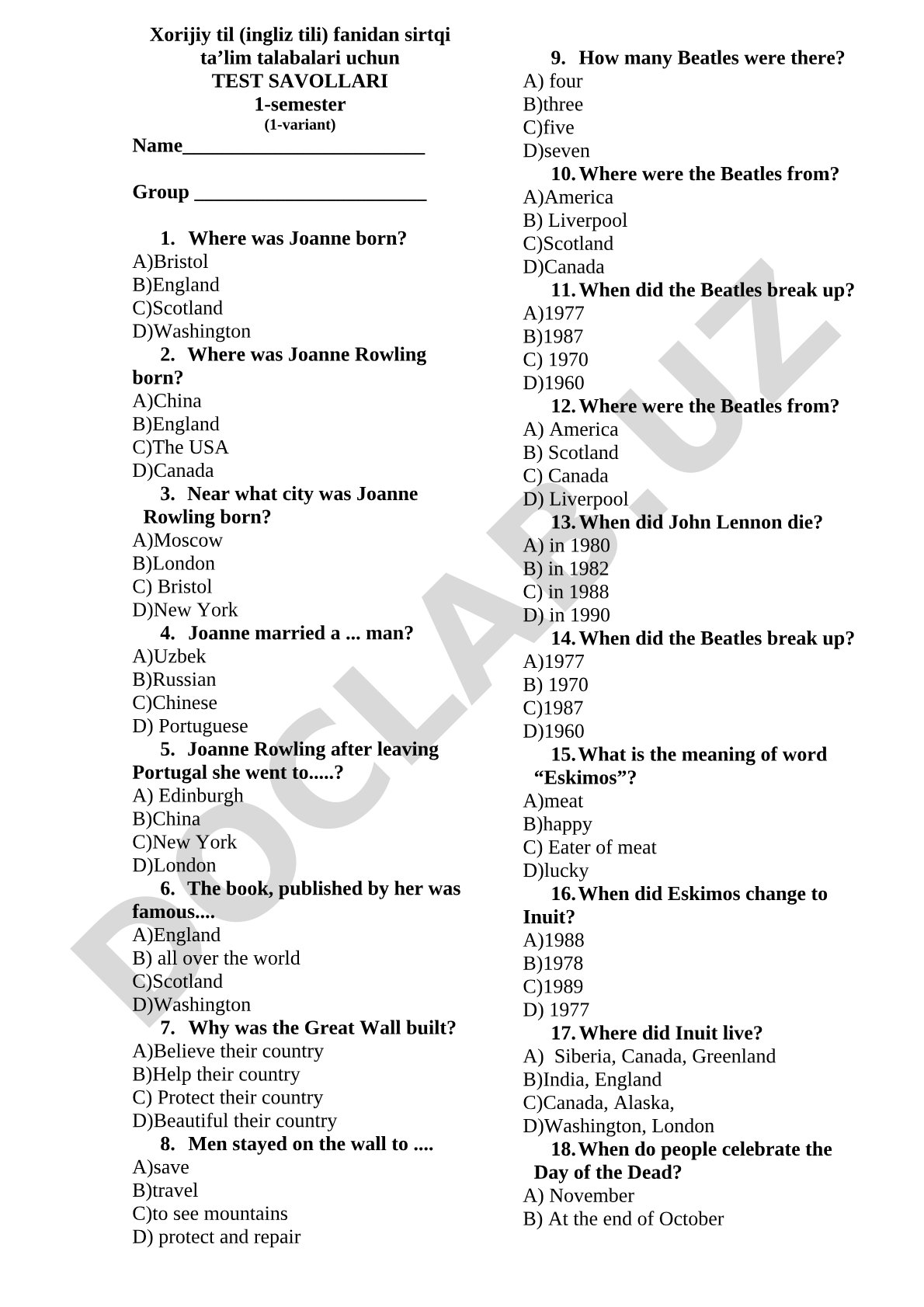 Xorijiy til (ingliz tili) fanidan sirtqi ta’lim talabalari uchun TEST SAVOLLARI 1-semester (1-variant)